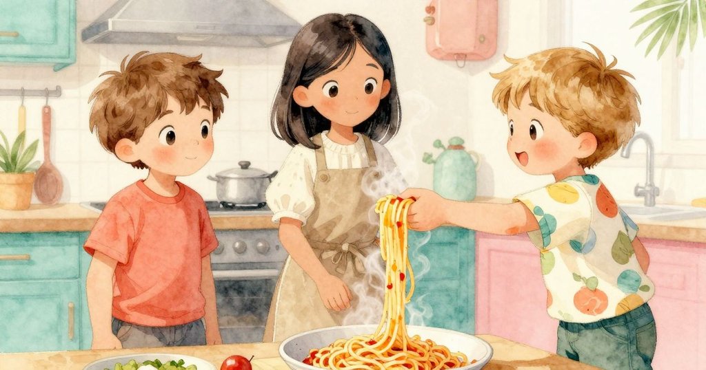 小孩手輕輕伸向冒蒸氣的麵條和融化起司，細膩呈現食物質感，故事情節逐步展開