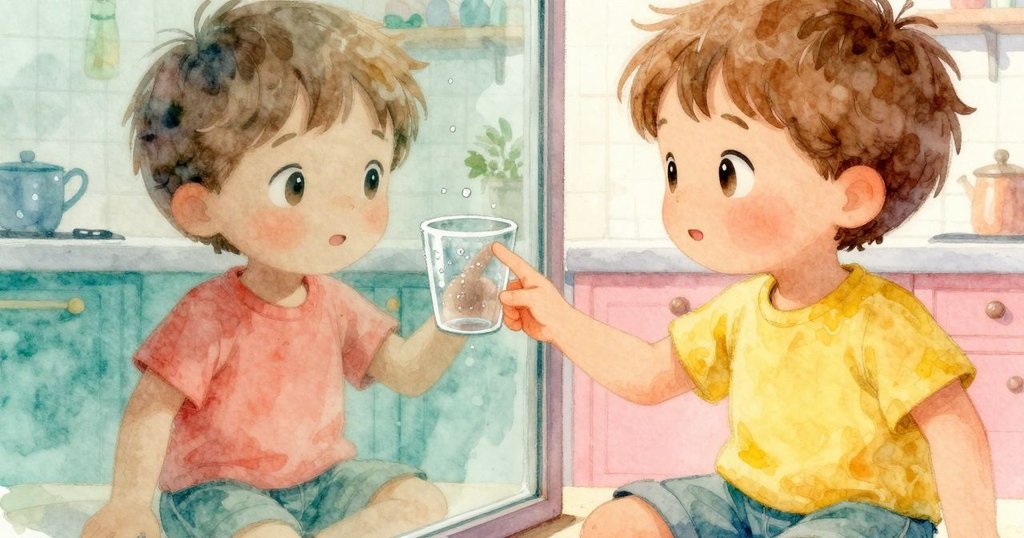 小孩輕觸滿佈冷凝水的杯子，透出廚房內溫暖與細膩光影，情節進入反思細節階段