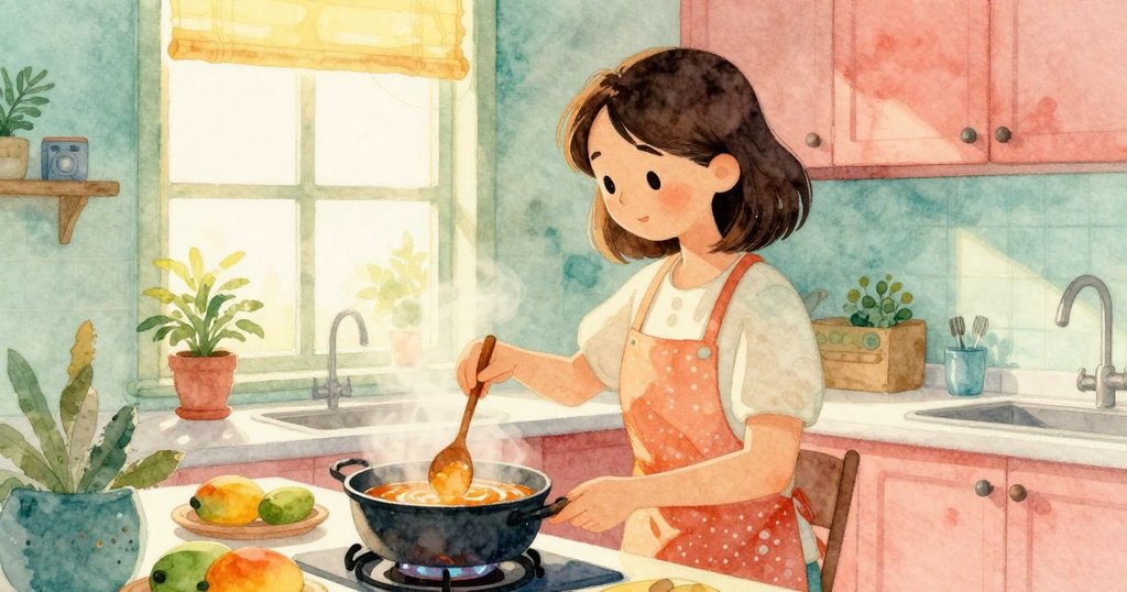 大人在廚房攪拌濃稠醬汁，窗外透入溫暖陽光映出海灘幻影，展現期待和溫馨氣氛