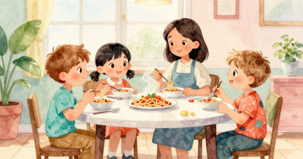 大人、小孩與侄子圍坐在餐桌旁，共享義大利麵美味與歡笑，展現家庭團聚與快樂氛圍