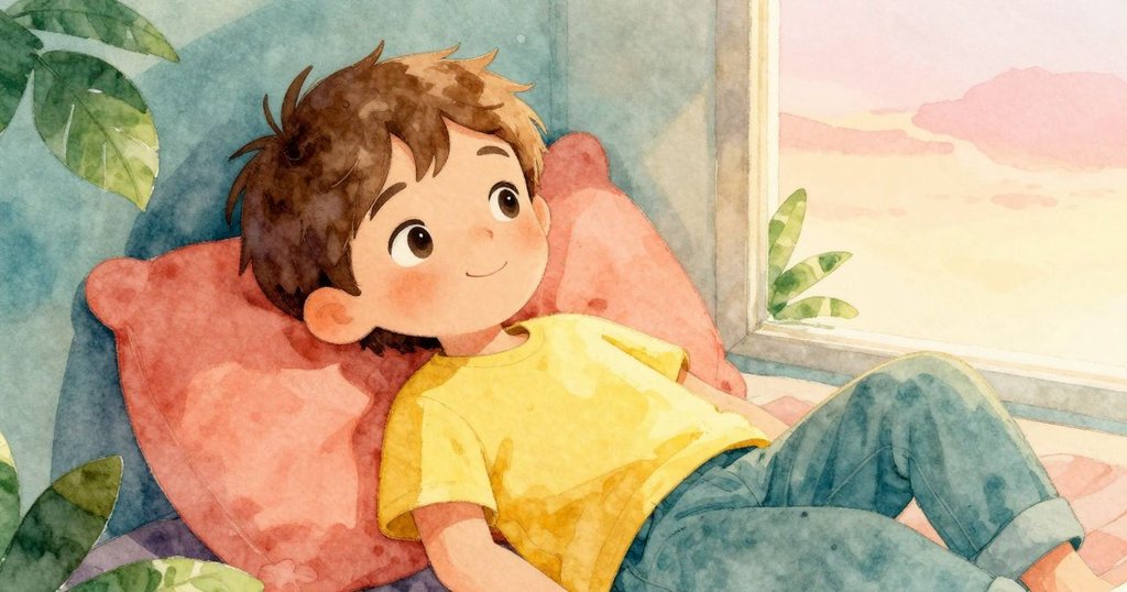 小孩在柔和燈光下安靜休憩，餐桌上的義大利麵細節隱現，結尾展現寧靜與滿足的氛圍