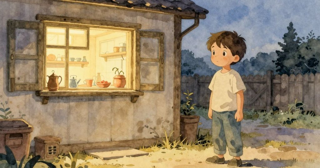 肯特家的外觀在黃昏時分呈現,廚房窗戶透出溫暖光芒,營造出溫馨的家庭氛圍,隱藏著冒險故事的開始