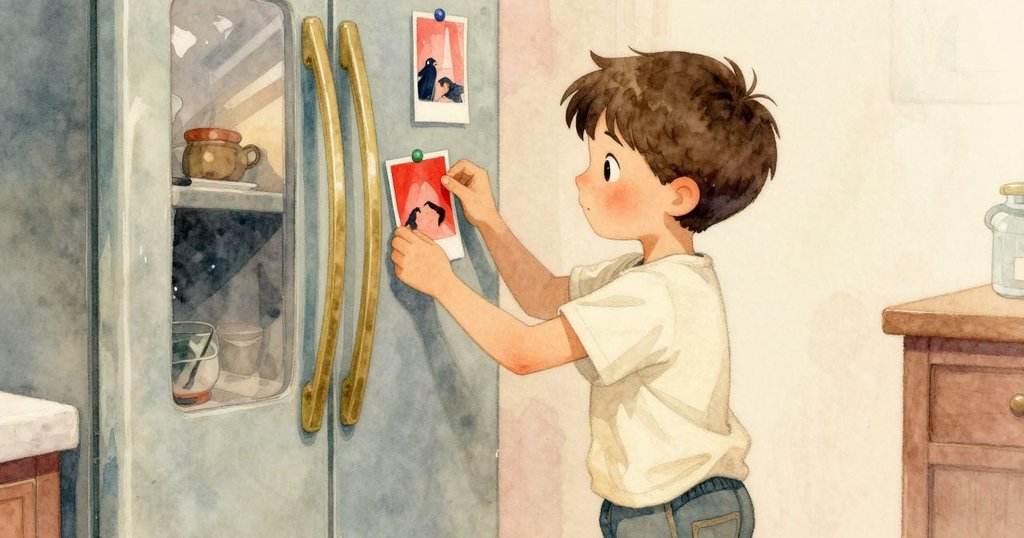 肯特將紅玫瑰照片釘在冰箱門上,玻璃反射中映出他充滿驚喜與喜悅的表情,細節呈現溫馨氣氛