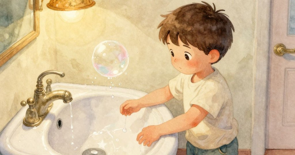 在廚房水槽邊,肥皂泡降落後破裂,留下閃爍的濕潤星形痕跡,水滴在燈光下閃閃發亮,畫面細膩