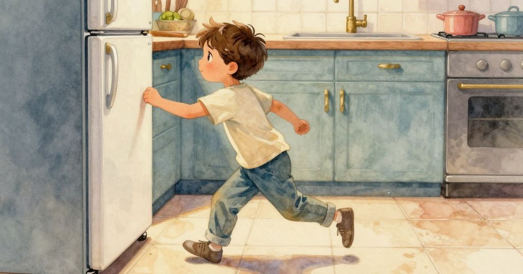 肯特在廚房瓷磚上快步前行,聚焦於閃耀的冰箱磁鐵,動作充滿緊迫與好奇,畫面展現動感與探索