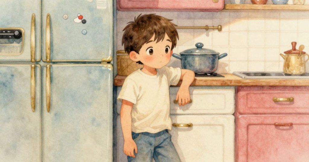 在柔和晚光中,肯特靠近冰箱靜靜休息,神情滿足且平靜,隱藏磁鐵完美閃耀,畫面溫馨而安寧