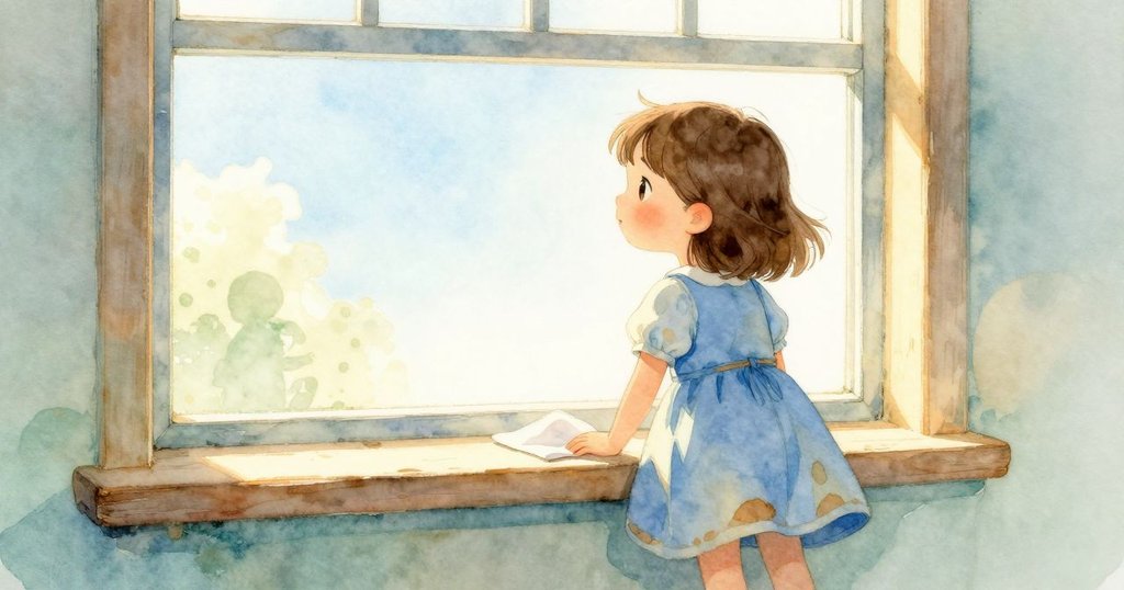 歐黛特以剪影呈現, 靠近窗邊座位, 柔和布料覆膝, 雨天映出溫暖光影, 表情中透露期待