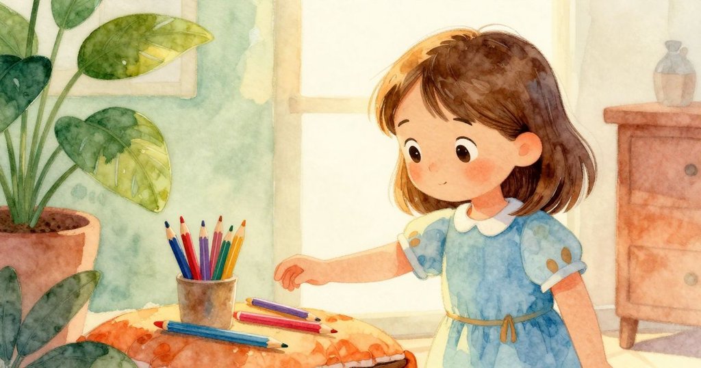 歐黛特伸手輕觸明亮鉛筆, 坐落於柔軟抱枕角落, 室內溫暖光線中展現好奇心