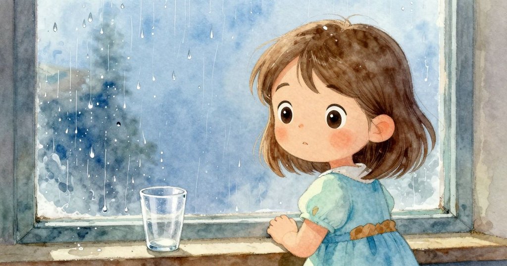 歐黛特透過雨滴窗戶, 觀察半滿杯子及流動水珠, 室內與外界氛圍交織, 表情專注