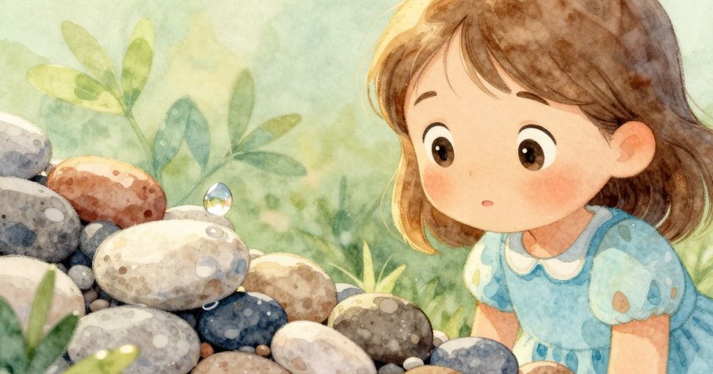 小石子特寫中, 一顆水珠悄然滑動, 玻璃般光澤映襯細節, 散發柔和室內光線