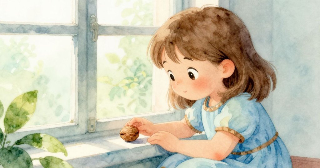 歐黛特平靜坐於窗邊, 注視著剛被發現的小堅果, 附近物品散落柔光映襯, 表情溫柔安詳