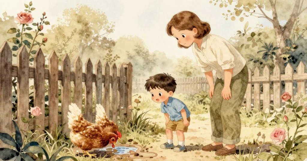 肯特和大人在木柵邊觀察小雞在水坑中輕敲水面，清晨陽光灑落，氛圍寧靜溫馨