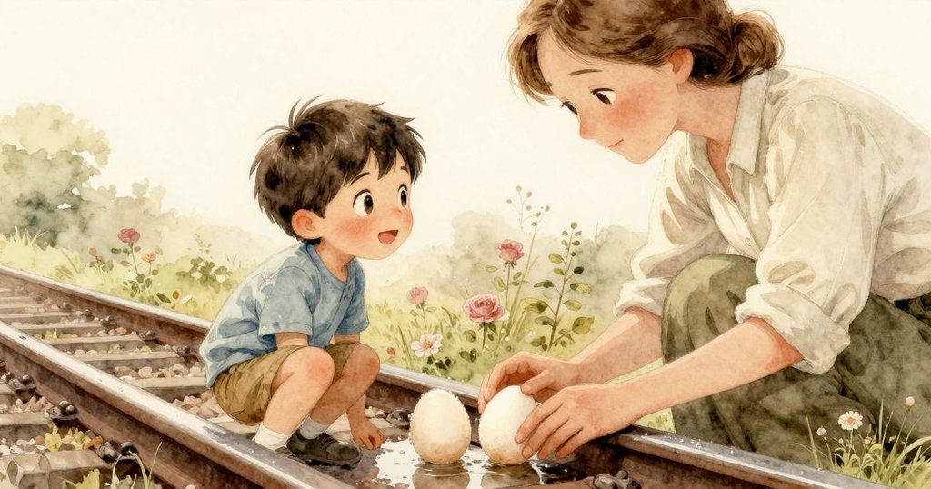 兩顆白色雞蛋安靜躺在露水覆蓋的欄杆旁，水坑中微光反射出溫柔晨光，畫面靜謐而細膩