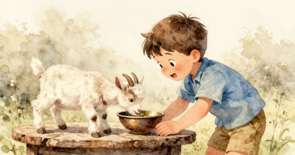 肯特在鄉村風格的小空間中注視著小山羊仔在碗邊嗅探，場景充滿清晨溫暖的自然光線