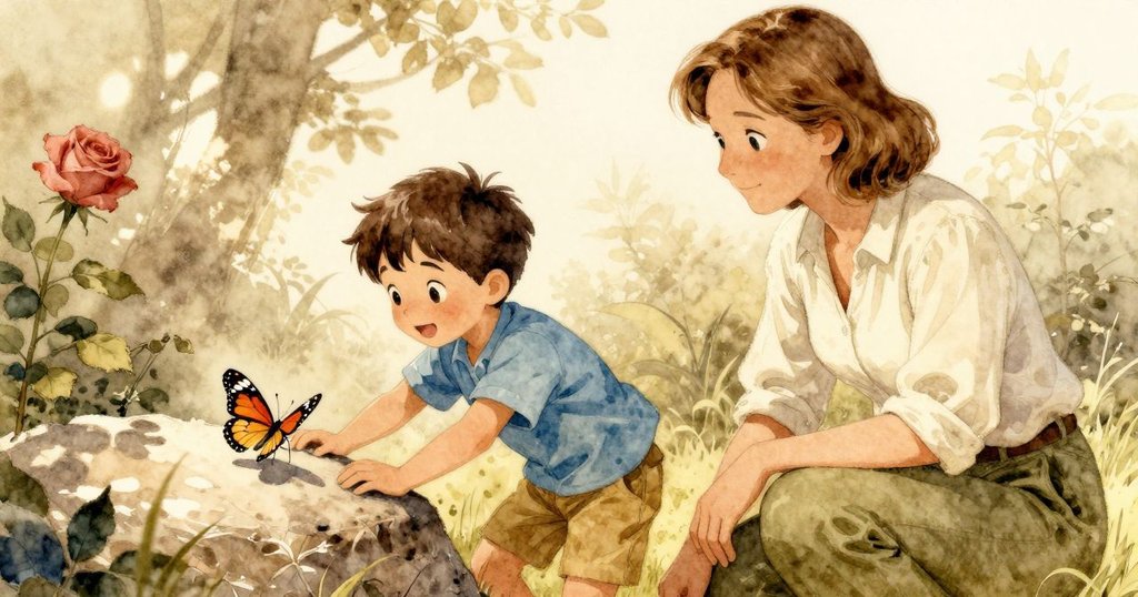 彩蝶停在平石上，展開大翅形成橢圓光影，肯特與大人注視著這神奇瞬間，光影交錯充滿活力