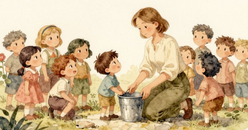 肯特、大人、小雞和小山羊仔齊聚在滴水石旁，互動溫馨，桶中水滴落下，營造出和諧的結局氛圍