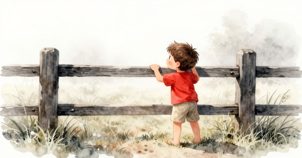 邁爾斯在清晨薄霧中觸摸粗糙柵欄，展現好奇心，背景有柔和陽光及青草，充滿自然氣息