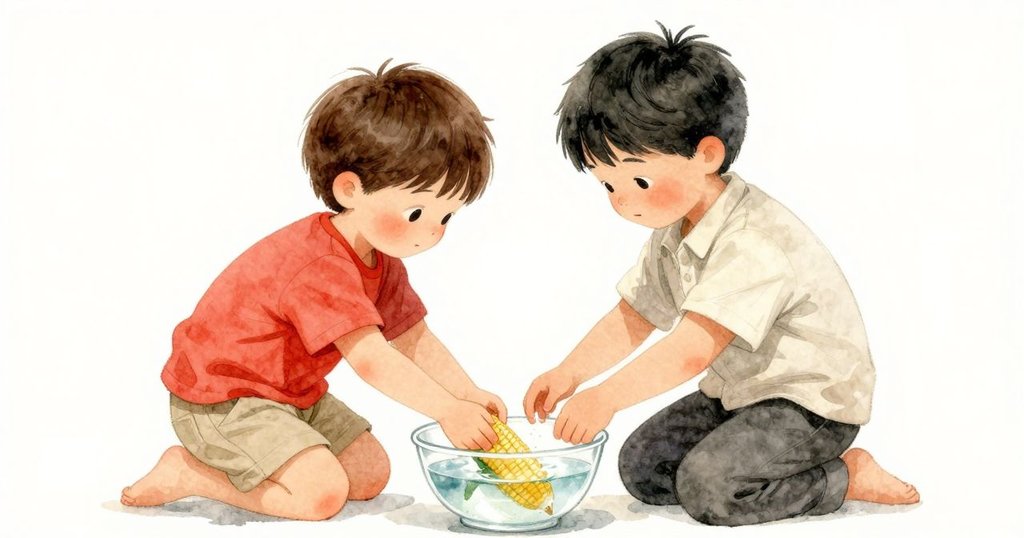 邁爾斯與成人在戶外水碗旁互動，邁爾斯將玉米莖輕放入水中，水面閃爍著微光，成人專注注視