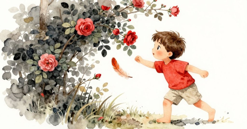 一根橙色羽毛輕巧穿過玫瑰叢下，邁爾斯彎腰輕撫羽毛，背景中落葉輕響，透露秘密感