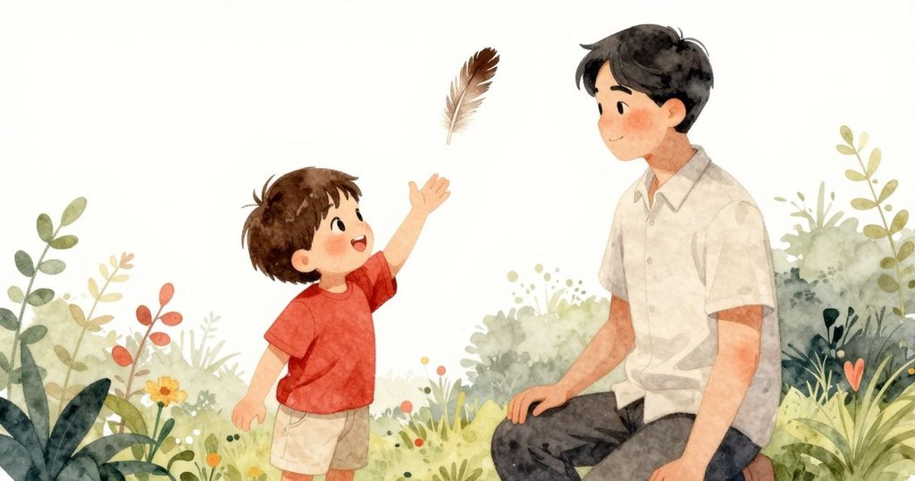 邁爾斯與成人在戶外共享喜悅，邁爾斯撫摸橙色羽毛，兩人臉上綻放慶賀笑容，氛圍溫馨