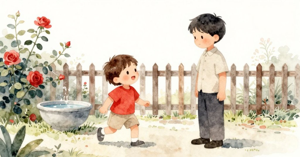 整個花園景象在柔和陽光下顯得寧靜安詳，邁爾斯和成人安坐於自然環境中，柵欄、水碗及玫瑰叢和諧展現