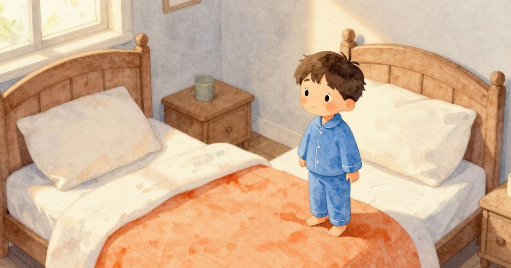 蘭娜坐在床上，房間溫暖明亮，窗外陽光灑下，圖片書靠近膝邊，營造出安心與期待的氛圍。