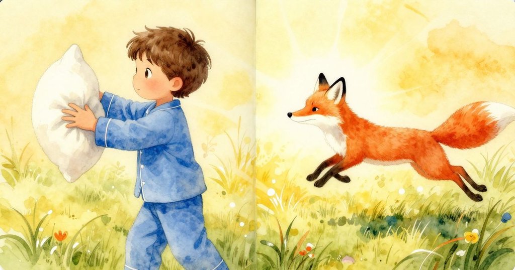 蘭娜輕輕移開枕頭，圖片書獲得釋放，一邊顯示她的動作，另一邊呈現陽光下歡躍的狐狸插畫，動靜結合。