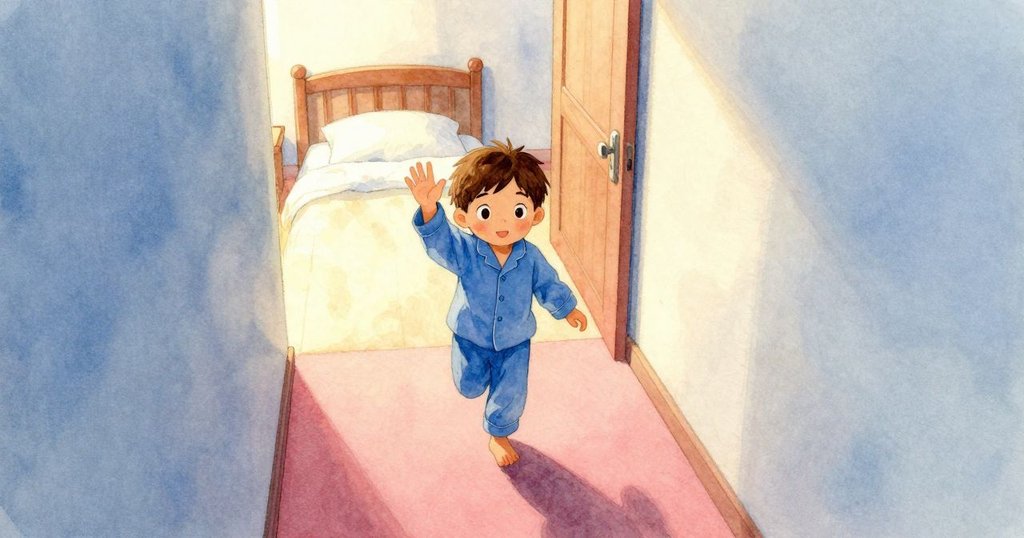 從高處視角看見走廊中伸出溫暖的手揮動，蘭娜在床上回眸，室內光影交錯，充滿親切歡迎。