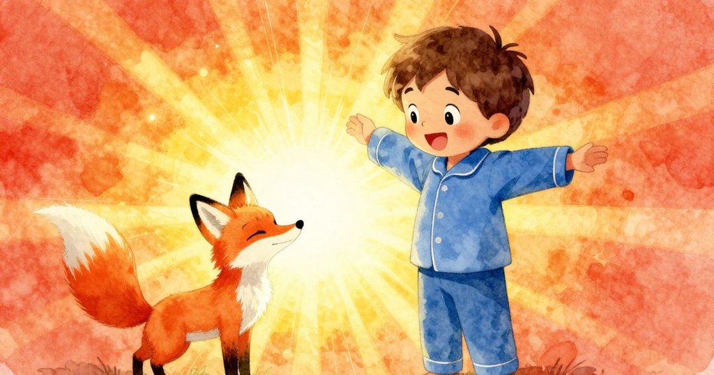 蘭娜滿臉笑容，興奮地看著圖片書上發光的狐狸插畫，溫暖光線與魔幻氛圍讓她深感喜悅。