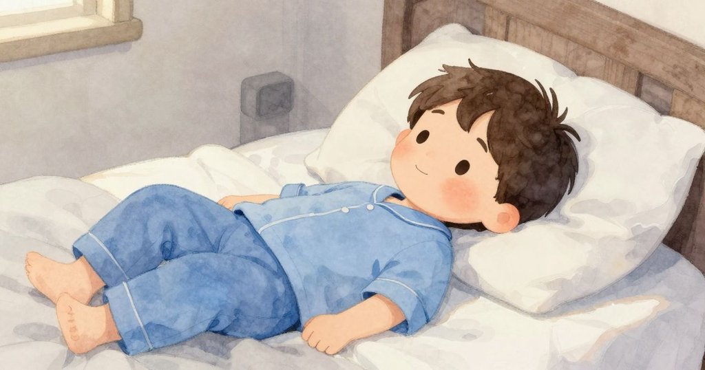 蘭娜安靜地躺在床上，圖片書安穩地放在一旁，午後柔光灑滿房間，營造出寧靜祥和的結尾氛圍。