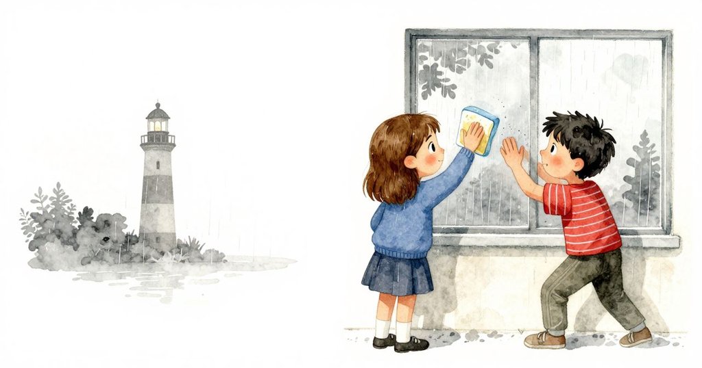 Yvette在雨中擦拭窗戶，剪影中展現堅定身影，背景隱現燈塔與朦朧雨景，充滿寧靜氣氛