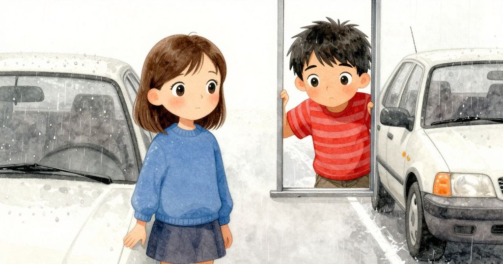 Yvette輕觸窗框，透過新清理的空隙觀看雨中街景，雨珠滑落車身閃爍，臉上流露出驚奇與喜悅