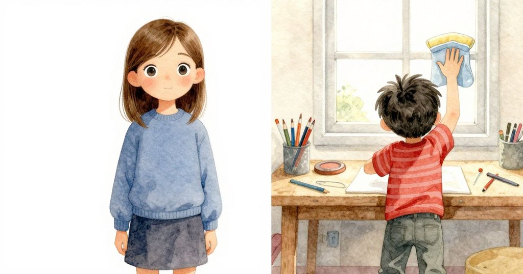 在藝術工作室中，Kent專注於燈塔素描，Yvette一旁擦拭窗戶，室內擺滿繽紛文具與溫馨裝飾