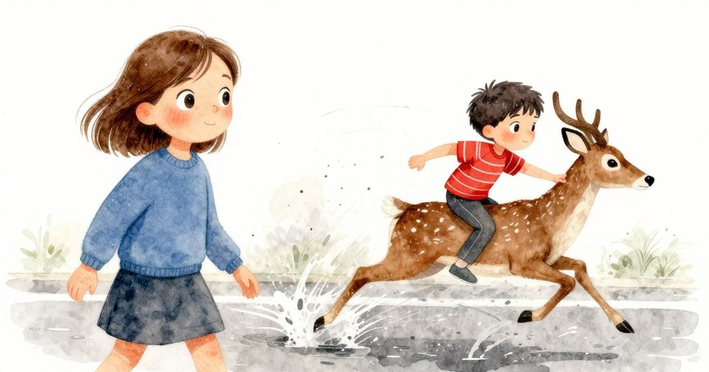 一隻棕色鹿在雨中疾馳，水珠飛濺展現活力與動感，街道濕潤光亮，充滿追逐戲劇性