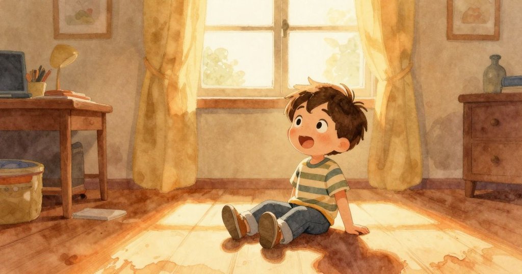 Kit 坐在房間地板上,晨光透過窗戶灑落,專注尋找失蹤的積木,室內溫暖柔和。