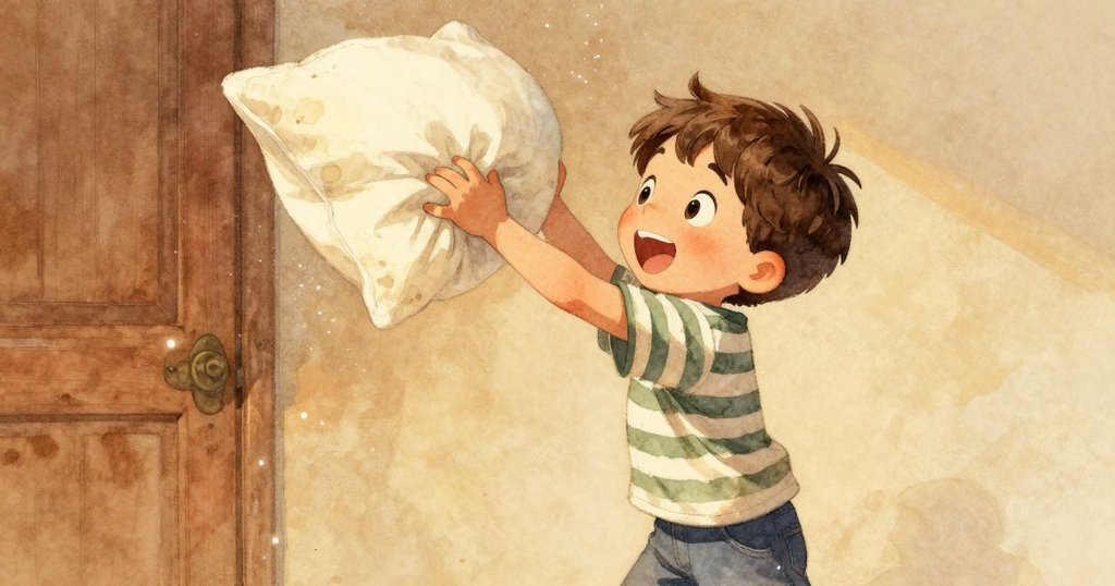 Kit 輕掀枕頭,發現塵埃在晨光中閃爍,臉上流露出好奇與疑惑,室內光線柔和溫暖。