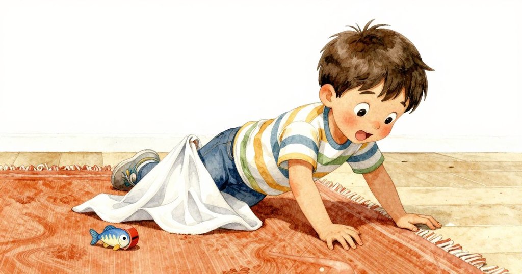 Kit 站在地毯邊,輕掀角布,發現小魚玩具與滾動中的積木,明亮室內光線映襯出細膩質感。