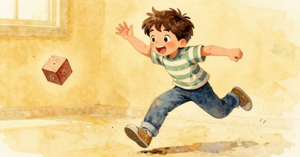 Kit 跳躍向前接住滾動的積木,充滿活力與動感,光線明亮,室內背景展現急速運動的瞬間。