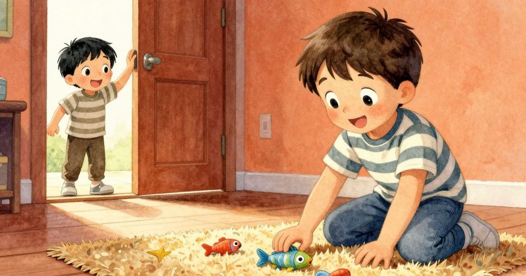 Kit 輕撫地毯並將小魚放在書旁,背景中他的兄弟在門口揮手告早安,室內溫馨明亮,故事迎向告別。