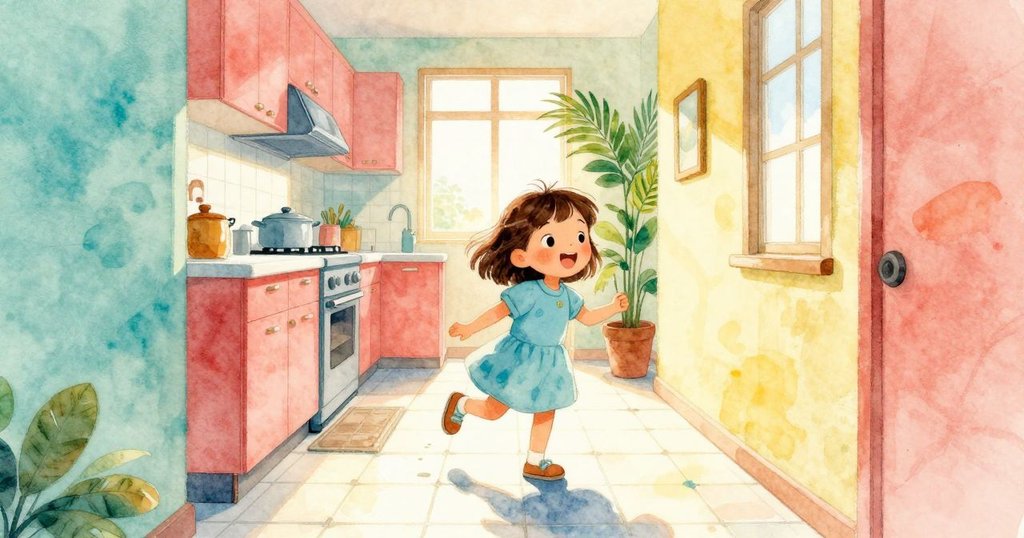 Yolanda站在明亮廚房的瓷磚地板上,與家人互動,背景有陽光照射和繁忙走廊,充滿溫暖活力