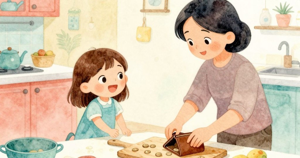 手部特寫正在移動棕色錢包,旁邊散落硬幣於砧板上,光線柔和呈現溫馨廚房情景