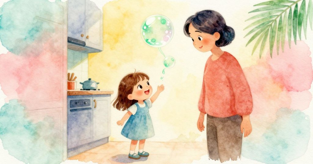 廚房隱密角落中綠色泡泡緩緩上升,光線柔和,呈現出神秘魔幻且細膩的場景