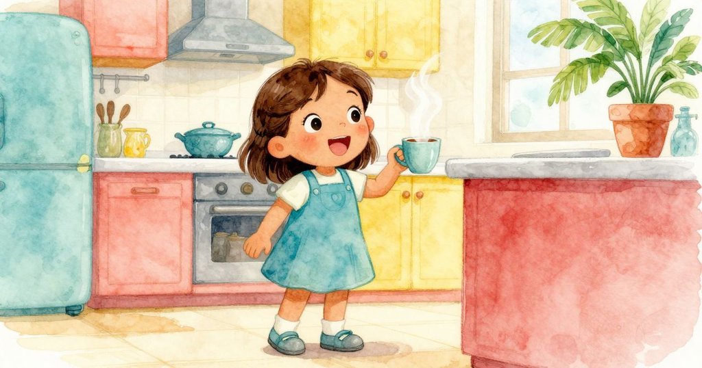 成人呼喚午餐時,Yolanda與成人在櫃台邊共享溫暖時刻,桌上冒著熱氣的杯子增添細膩情感