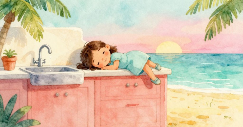 Yolanda靜坐休憩,神情充滿驚奇與寧靜,背景中的銀色水龍頭緩緩滴水,營造舒適安詳氛圍