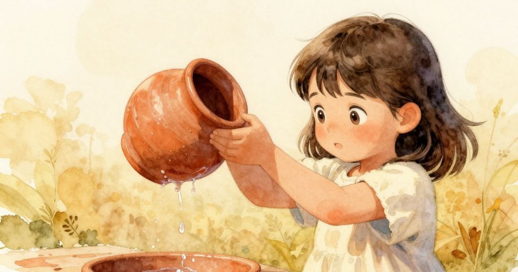 Tess舉起小陶罐,水珠滴落,眼神充滿驚奇與好奇,背景自然溫柔,呈現互動瞬間