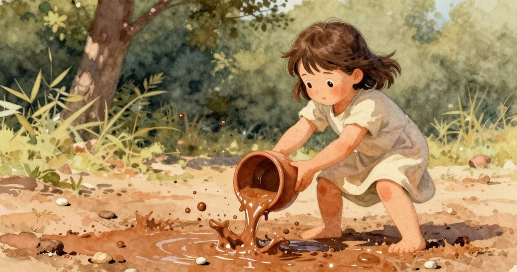 從低角度看Tess傾斜陶罐,濁水灑落在白卵石上,形成月亮般細緻斑點,充滿驚奇與動感