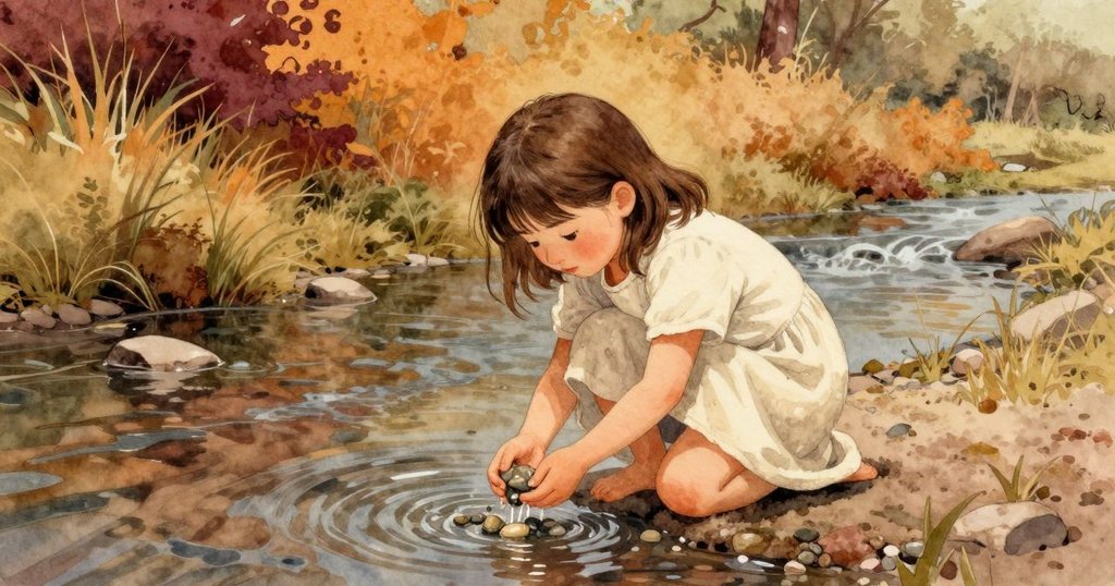 Tess跪在細流旁,輕輕沖洗被染斑的小卵石,水流柔和,傳達出寧靜細膩的情感