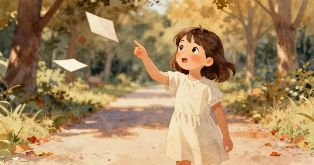 Tess注視著隨風飄動的筆記本頁,神情中帶著好奇與期待,背景是覆滿落葉與橡果的公園小徑