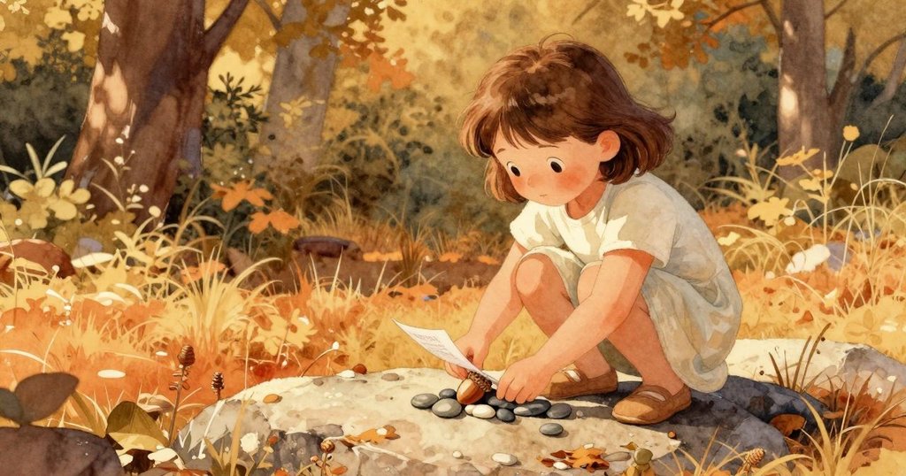 Tess小心將擦洗乾淨的卵石放在平岩上,卵石閃耀如小月亮,旁邊有被橡果帽托著的筆記本頁,畫面充滿溫馨寧靜