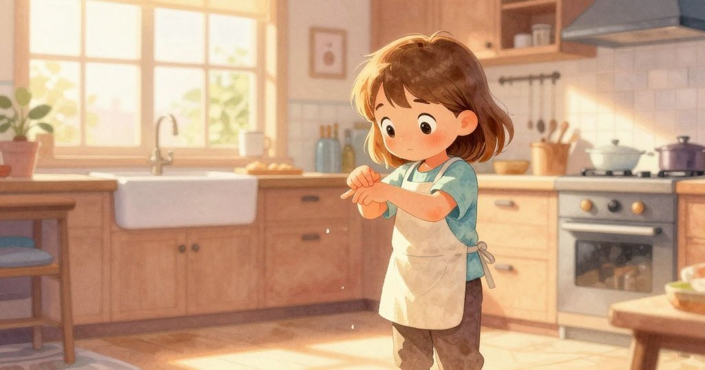 瑞恩在明亮廚房中輕觸手腕上滴水，背景散發柔和光線與舒適家庭氛圍，展現寧靜開始